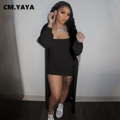 CM.YAYA Women Set Solid Sleeveless Strapless Bodycon Dress Full Sleeve X-long Cloak Two 2 Piece Sets Fashion Outfit Summer 2021