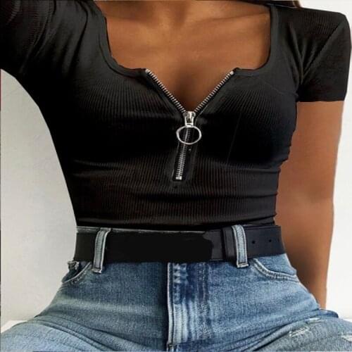 Womens Top Summer Solid Color Short Sleeve T-Shirt Zipper Slim T Shirts Womens Clothing 2021 Casual Y2K Ropa Mujer Kawaii Tops