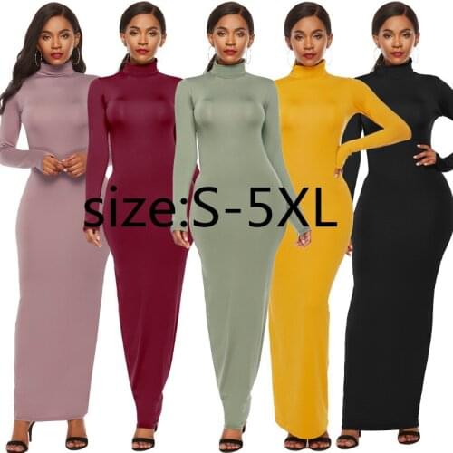 Fashion New Solid Color All-Match Dress Fashion Women Autumn Long Sleeve Tight Package Hip Waist High Neck Base Pullover Dresses