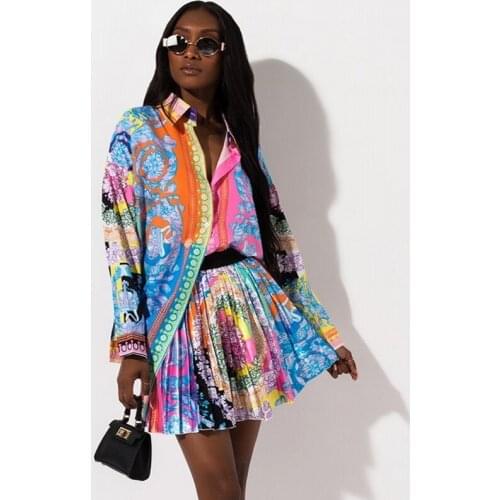 2 Pieces Womens Sets Sexy Autumn Fashion Women Set 2020 Female Tops Floral Print Long Sleeve Shirt Elastic Waist Mini Skirts