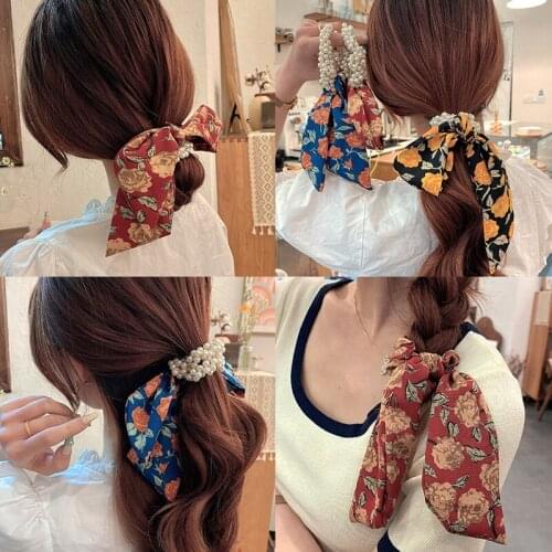 2021 New Simple Temperament Pearl Hair Ring Bow Ribbon Ribbon Sweet and Cute Girl Head Rope Hair Accessories