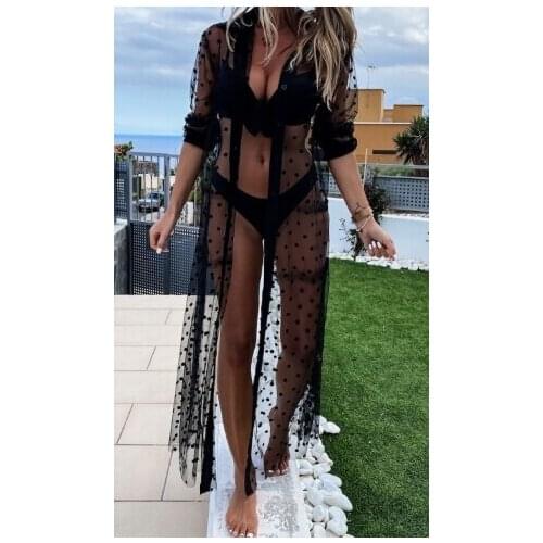 2021 Sexy Womens Bikini Cover Up Polka Dot Mesh Perspective Swimsuit Cover Long Sleeve Swimwear Cover Ups Beachwear