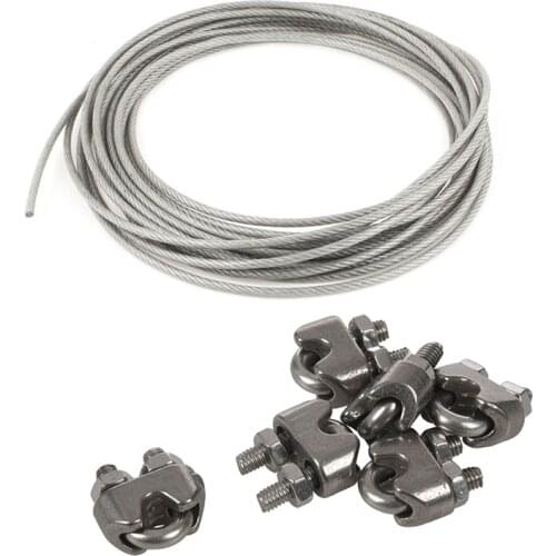 5mm Dia Steel PVC Coated, Flexible Wire Rope Cable with 6Pcs 304 Stainless Steel Saddle Clamp Cable Clip