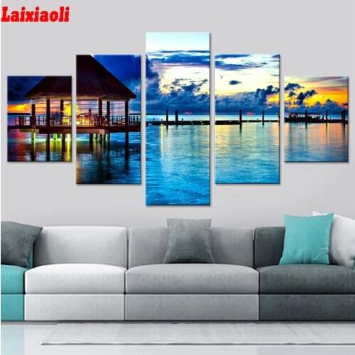 5 pcs "Sea House"5D DIY Diamond Painting mosaic Full drill Handicraft Cross Stitch Diamond Embroidery blue sky picture decor