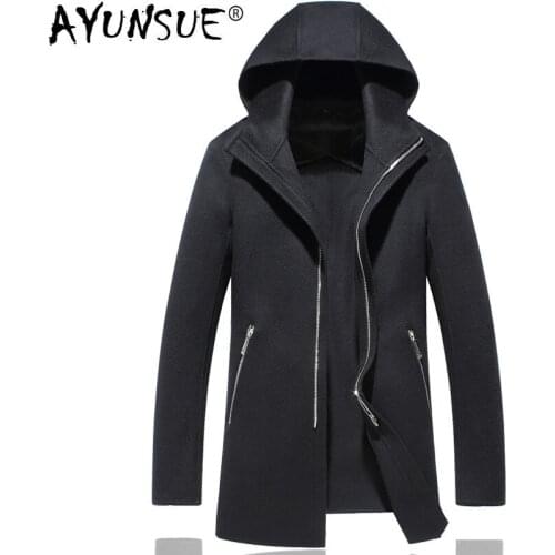 AYUNSUE 100% Wool Coat Men Double-sided Long Jacket Men Hooded Overcoat Mens Coats and Jackets Casaco Masculino 16011 KJ2455