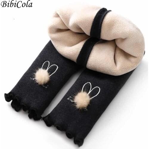 BibiCola Children Autumn Winter Kids Pants Baby Leggings Solid color Print Bunny Plus fleece Keep warm Girls Pants 1-6 Year old