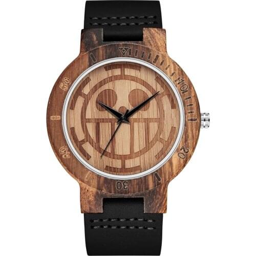 Rown Walnut Wood Watch Men Watches Leather Strap Quartz Wristwatch Pirate Skull Wooden Engraved Mens Clock reloj de madera