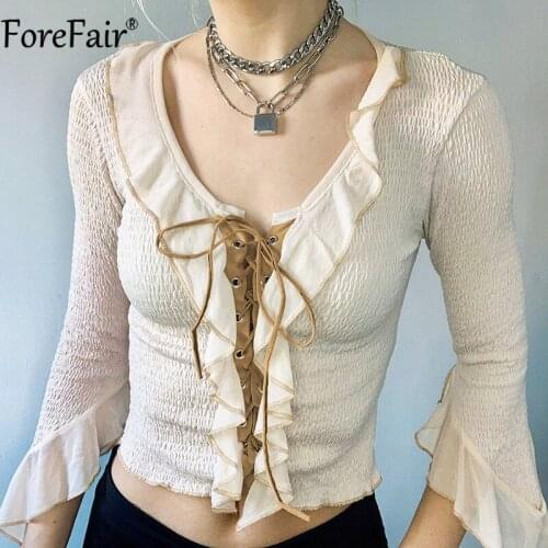 Forefair 2021 Autumn Sexy Women T Shirts Vintage Fashion V Neck Bandage Patchwork White Casual Long Sleeve Top Y2k Ladies