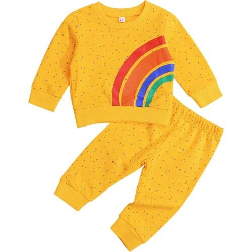 0-18 M Autumn Baby Girls Clothes Dot Print Set Rainbow Print Long Sleeve O-neck T-shirt Pullover + Elastic Waist Trousers