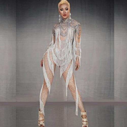 3D Print Fake Rhinestone White Tassel Long Sleeves Jumpsuit Women Dancer Leggings Romper Singer Stage Performance Show Outfit