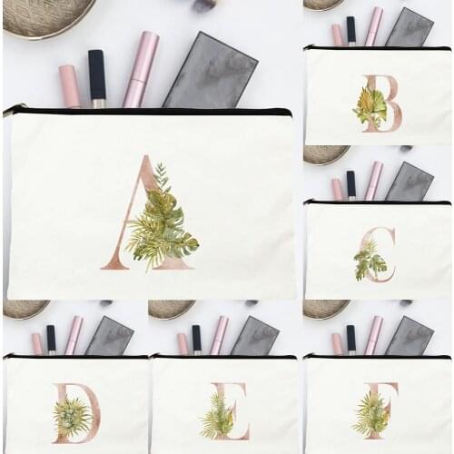 Leaves 26 Letters Printing Cosmetic Bag Eco Causal Travel Makeup Tote Portable Reusable Canvas Zipper Pouch Cute Organizers Bag