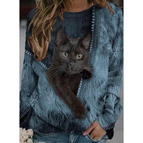 Cool women shirt Zipper cartoon cat Tops print casual O neck long-sleeved T-shirt 02-TE-ktmyhx