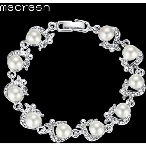 Mecresh Perfectly Round Simulated Pearl Bracelets for Women Silver Color Handmade Wedding Friendship Pulseras Jewelry MSL236