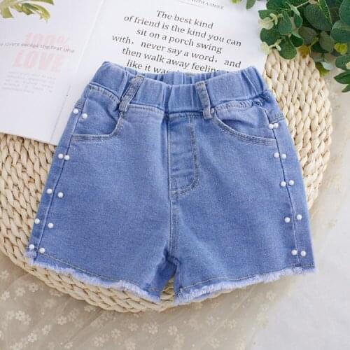 Girls cute Shorts Denim Baby Pearl Loose Elastic Waist Jeans Summer Kids Cotton Trousers Girl Fashion Clothing