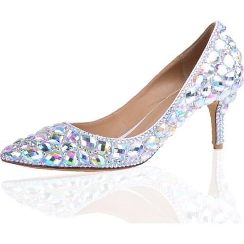 Fashion Versatile High Heels Women Handmade Diamond Bridesmaid Wedding Shoes Pointed Toe Thin Heels Crystal Shallow Bridal Shoes