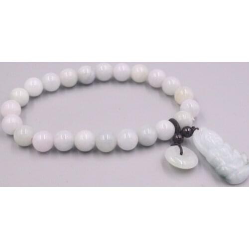 Genuine Real Natural Grade A Jade Jadeite 7.5mm Beads with Kwan-yin Charm Bracelet For Women