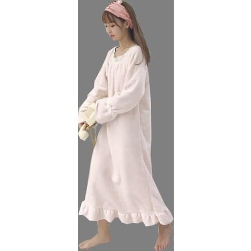 New Autumn Winter Ruffle Sleeve Women Nightgown Flannel Nightgowns Girls Night Dress Sleepwear Cute Princess Coral Fleece WZ089