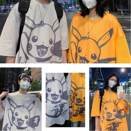 Pokemon Pikachu graffiti T-shirt men and women loose short-sleeved couple clothing street hip-hop skateboarding T-shirt summer