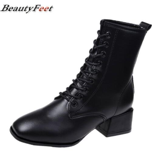 Solid Leather Ankle Boots Female Square High Heels Women Boots Lace Up 2020 New Autumn Winter Shoes Woman Motorcycle Boots