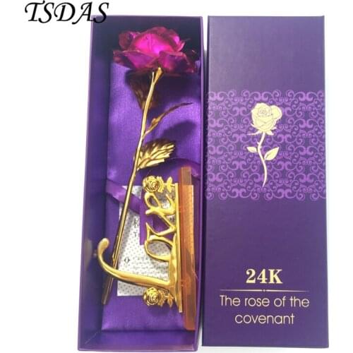 Pink 24k Gold Foil Rose + Love Base Home Decoration, Golden Artificial Flowers Valentines Day Gift