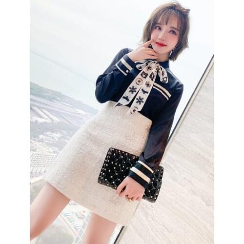 Lapel print bow ribbon shirt+Tweed A Half skirt suit 2021 Spring new High Quality Top Quality