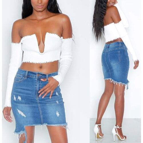 Women Ladies Wild Mini Ripped Denim Skirt Mid Waist Random Hole Irregular Frayed Hem Skinny Wrapped Hip Bodycon Pencil Skirt