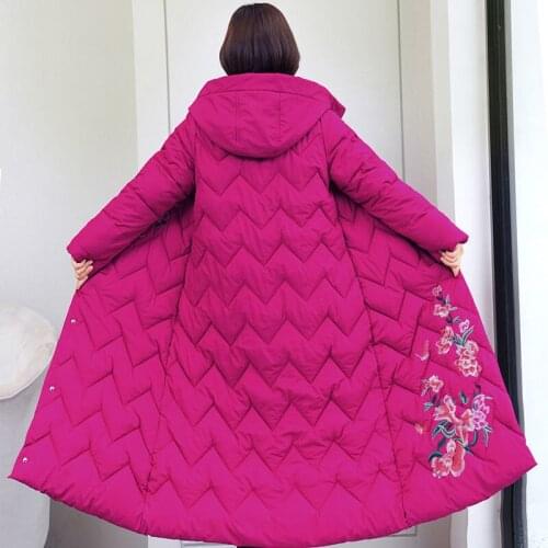 Womens Winter Jacket X-long Hooded Chinese Style Embroidery Lady Parkas Plus Size Stand Collar Single Breasted Thick Warm Coat
