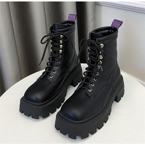 Punk Style Square Toe Women Ankle Boots Thick Sole Platform Shoes Woman Flat Short Booties Lace-up Botas Mujer Retro Autumn Boot