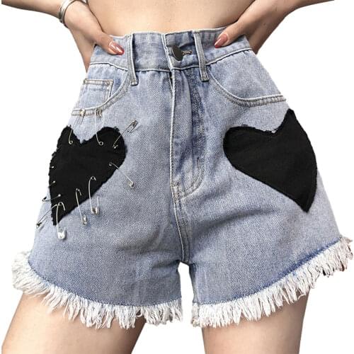 Women’s High Rise Denim Shorts, Heart Patchwork Frayed Raw Hem Short Jeans with Pockets