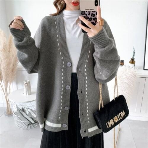 [ZAYAU]Autumn College Style Contrast Color V-Neck Coat womens Dotted Line Literary Loose Cardigan Long Sleeve Sweater