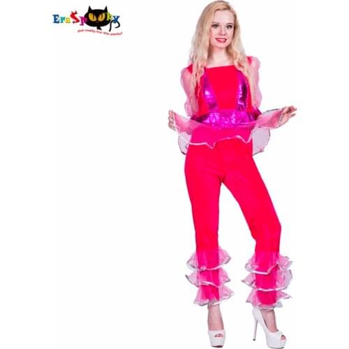 2019 New Sexy 70s Disco Diva Cosplay Halloween Costume Women Red Shiny Club Party Dance Fancy Dress Ruffle Chiffon Top Pants