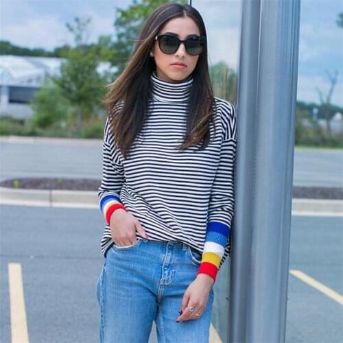 Womens Turtleneck Sweaters Turtleneck Striped Print Warm Pullover Jumper Soft Slim Knitwear Sweater Korean Female Jumpers