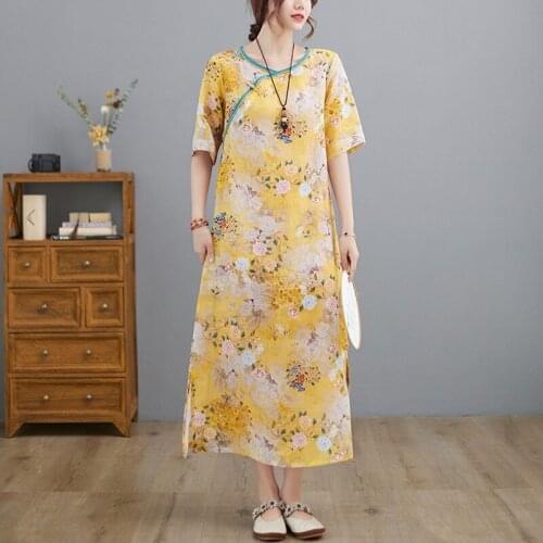 Women Summer Cotton Linen Long Dress New Arrival 2021 Vintage Style Floral Print Loose Casual Ladies Elegant A-line Dresses B367