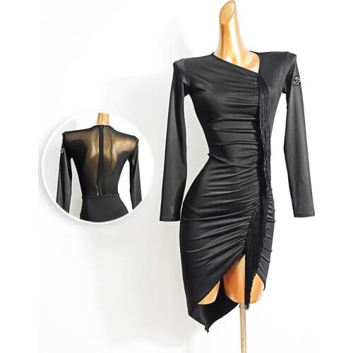 Latin Dance Practice Dress Long Sleeve Pleated Dress Irregular Female Black Perspective Dance Wear Autumn Adn Winter Fashion