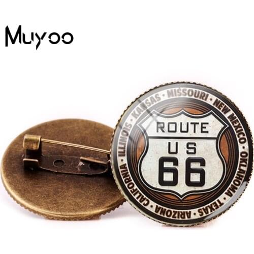 2018 New ROUTE 66 Brooch Pin USA ROUTE 66 Road Logo Brooches Glass Cabochon Jewelry Accessory Weathered Road Sign