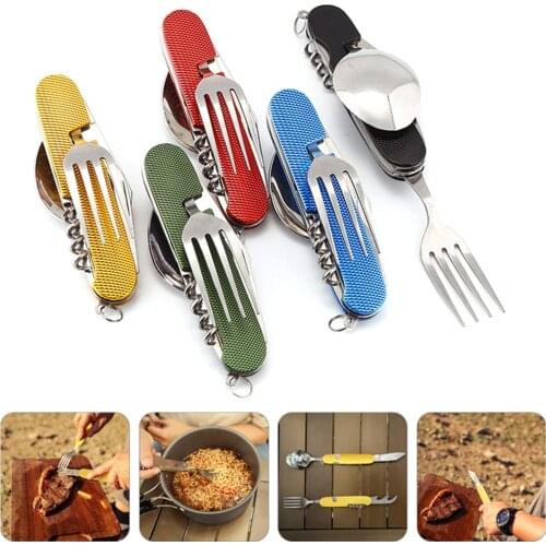 2021 Hot Sale Multifunctional Foldable Pocket Stainless Steel Outdoor Camping Picnic Cutlery Knife Fork Spoon Tableware Parts