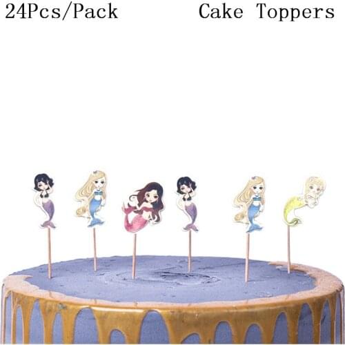 24PCS Disney Decorate Birthday Party Cake Topper Girls Favors Snow Mermaid Theme Baby Shower Cupcake Toppers With Sticks