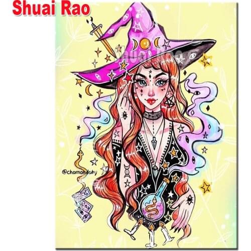 5d diy diamond painting Pink Hat Girl cross stitch mosaic square/round diamond embroidery Witch woman Cartoon Picture