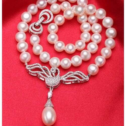 Free shipping AAA 8-9mm white natural pearl necklace+10-11mm pendant silver inlay zircon