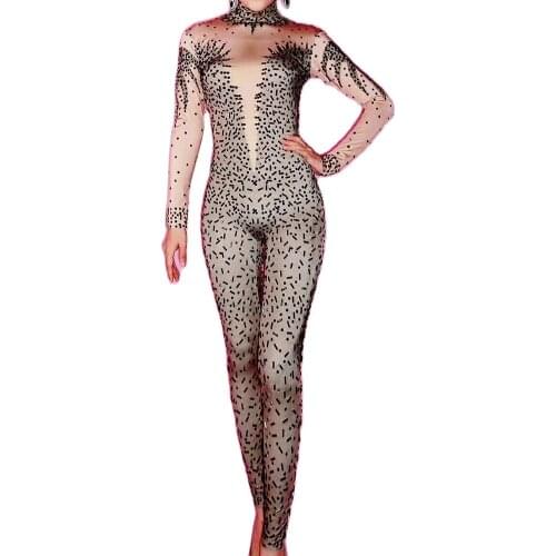 Sparkling Rhinestones Backless Tights Jumpsuit Long Sleeve Personality Performance Costume Ladies Nightclub Dance Show Wear