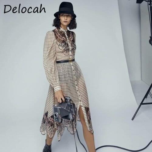 Delocah New 2021 Women Spring Fashion Designer Party A-Line Dress Embroidery Lantern Sleeve Sashes Plaid Printed Midi Dresses