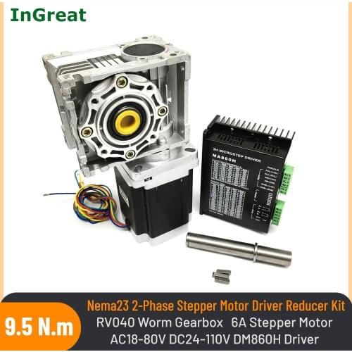Nema34 9.5Nm 6A 2 Phase Stepper Motor & RV040 Ratio 5:1-80:1 10:1 Worm Gearbox Speed Reducer & 7.2A DM860H Driver Kit for CNC