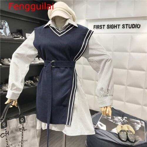 Fengguilai Fashion Two Pieces Set Stripped Long Shirt+Vest Sashes Preppy Style 2020 Spring Autumn Modis High Street Chic Suits