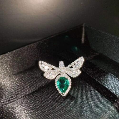 CIZEVA 100% Real 925 Sterling Silver Rings Green Zircon Stone Dragonfly Opening Ring Pary Cocktail Jewelry Gift for Women
