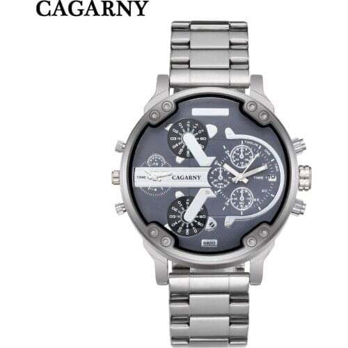 Cool Mens Watches Silver Stainless Steel Quartz Watch For Men Cagarny Brand Waterproof Dual Times Male Clock Sport Reloj Hombre