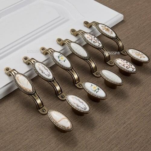 Kitchen Drawer Hardwares Flower Cabinet Cupboard Pulls Bronze White European Fashion Zinc Alloy Ceramic Door Dresser Handles