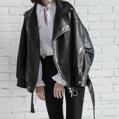NEWDISCVRY High Quality 2021 Spring Black PU Leather Loose Turn-down Collar Zipper Fashion New Womens Wild Jacket