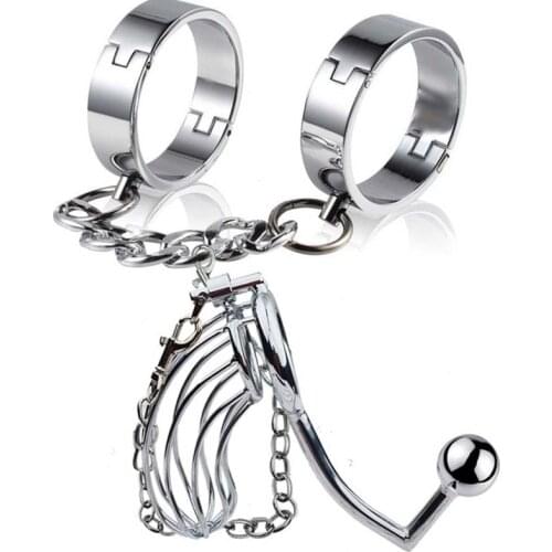 Metal Male Chastity Cage Anti-off Penis Ring Anal Plug Hand Cuff /Foot Cuff Shackle Sex Toys For Men Couples Exotic Accessories