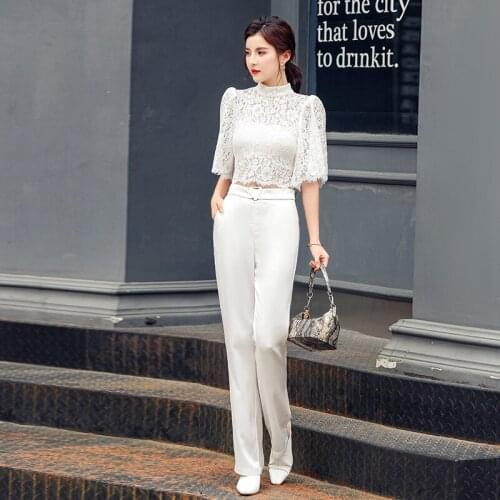 New arrival fashion elegant korean style sets for women summer OL temperament long pant and lace perspective top two piece sets