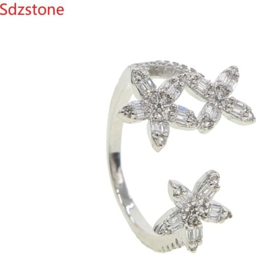 New Style Copper Flower Branch Star Adjustable Finger Wedding Rings For Women Silver Color Zircon Open Ring Glamour Jewelry Gift